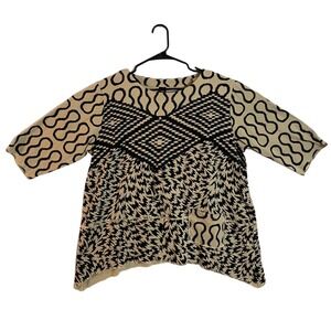 Cupcake Int Shirt Blouse Women Size M 3/4 Sleeve Geometric Print Tan Black EUC